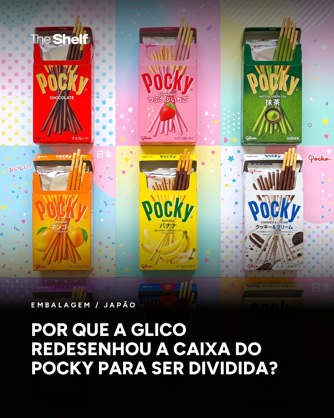 Embalagens coloridas de Pocky abertas para compartilhar